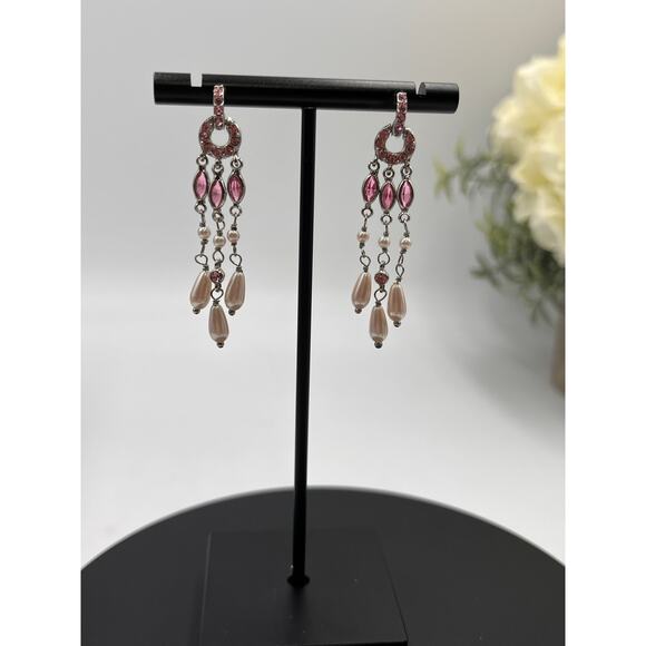 Monet Pink Pave Rhinestone Faux Teardrop Pearls Dangle Chandelier Earrings - Picture 8 of 8